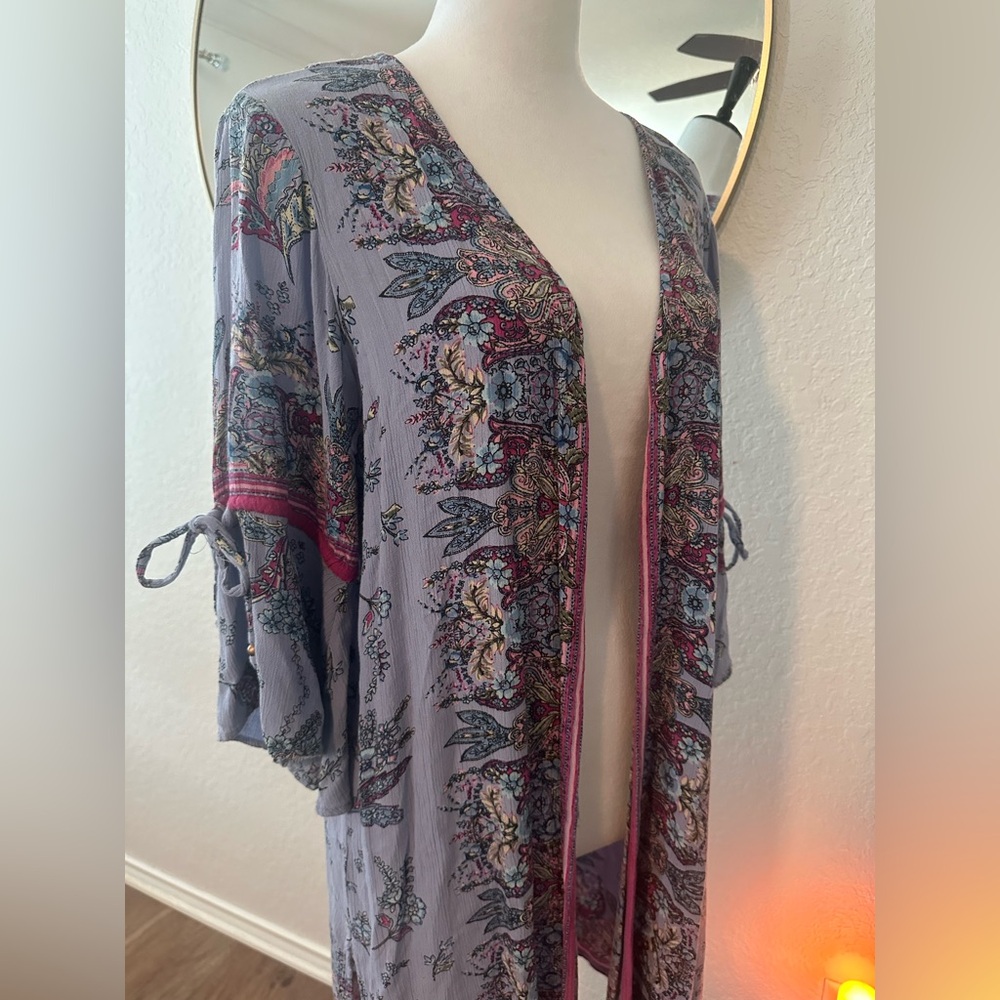 Light Purple Floral Open-Front Kimono Cardigan